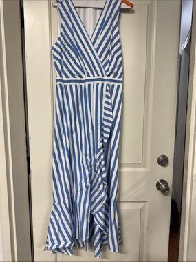 J. Crew Blue and White Striped Wrap Maxi Dress
